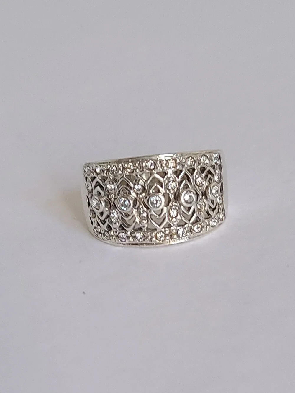 Elegant Sterling Silver CZ Rhinestone Crystal Filigree Chunky Wide Band Ring 6 - Picture 6 of 15